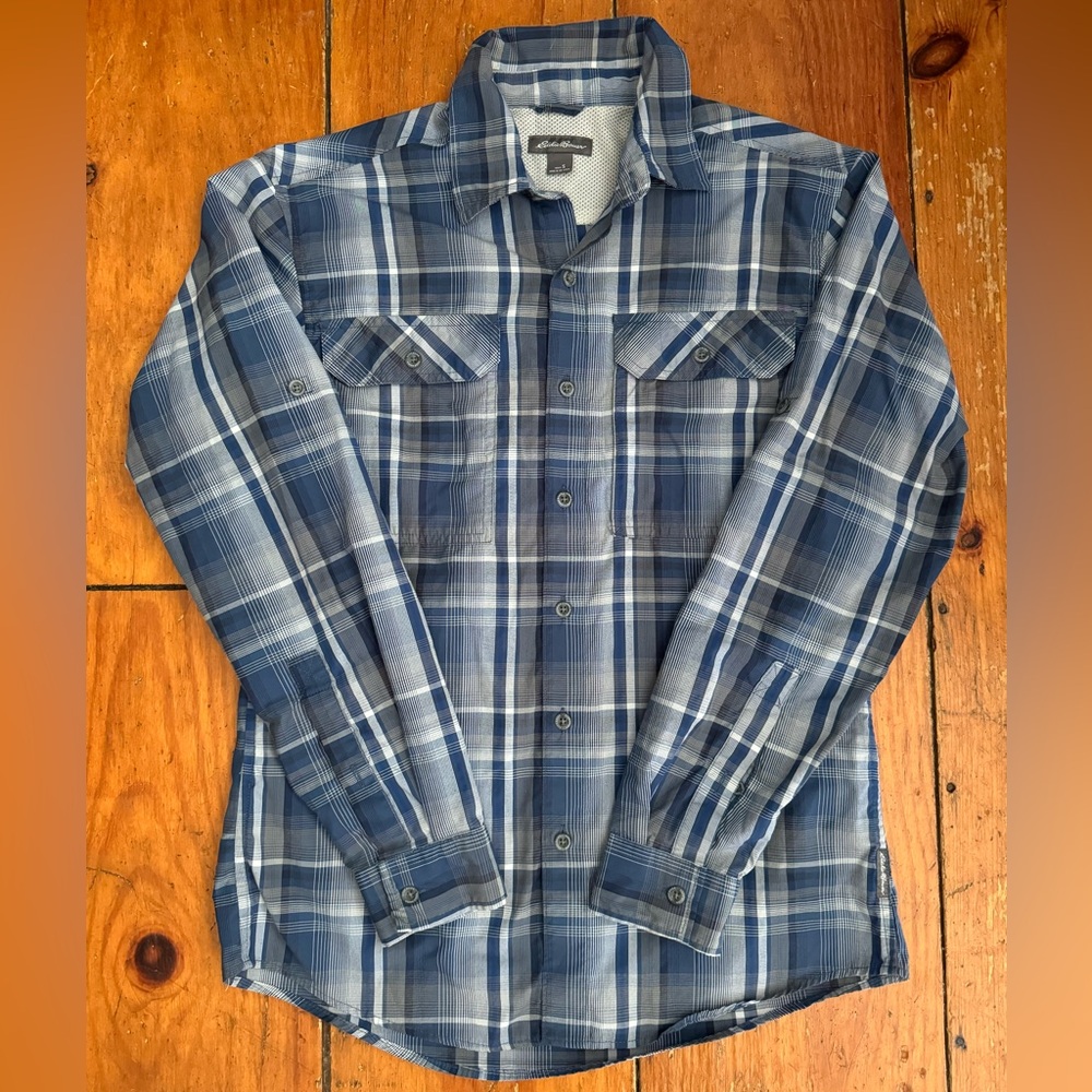 (4/$20) Eddie Bauer Men’s Long-Sleeve Button-Up Shirt, Blue Gray Plaid, Size S